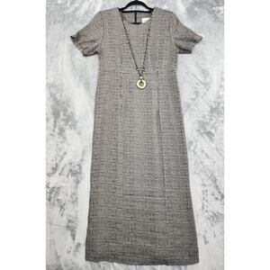 Vintage Just In Thyme Striped Maxi Dress Size 8 Blue Beige Wood Bead Necklace